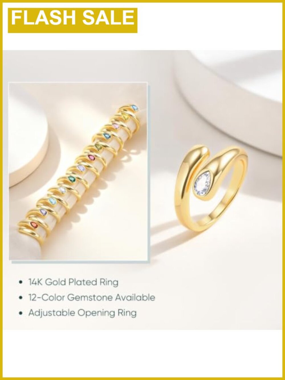 Chunky 14K Gold Plated Stackable Birthstone Rings Open Adjustable - Picture 4 of 6
